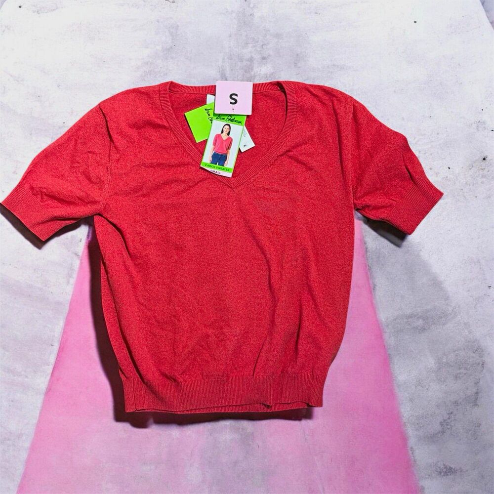 Sam Edelman Red Acrylic Knit V-Neck Short Sleeve Pullover Sweater S
